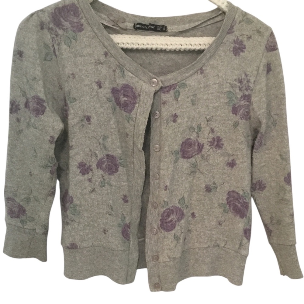 Grey Cardigan with Purple Flowers